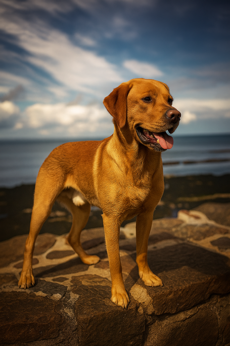 Tweed A golden retriever stands on a rocky shore with a blue sky and ocean in the background.